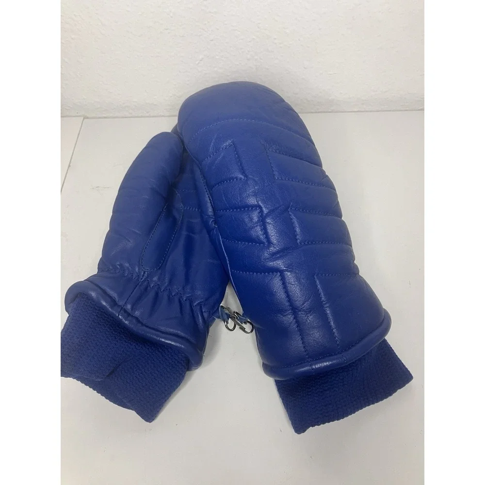 Vtg 80s Royal Blue Leather Winter Ski Mittens Quilted Puffer Snow Mitts Ladies L